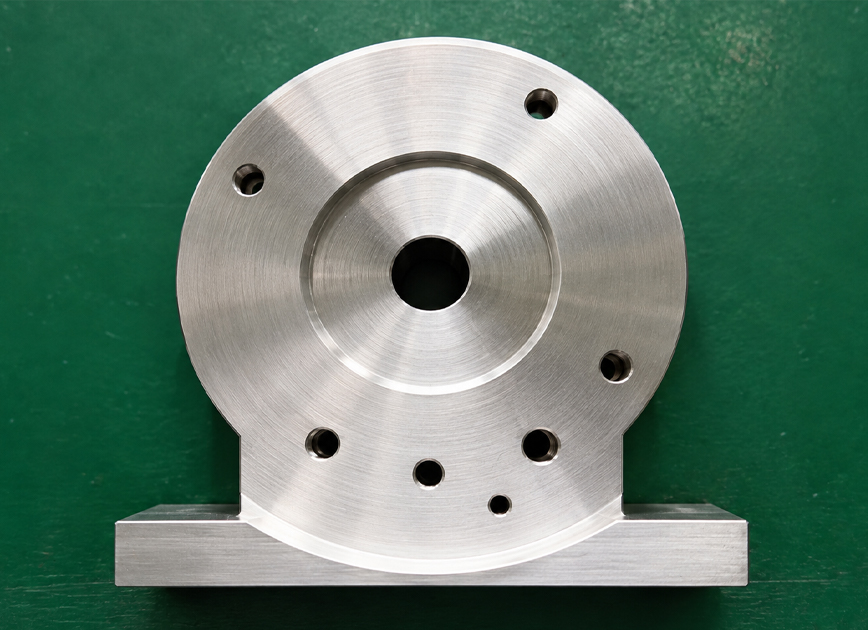 Machined metal component with a circular face, central bore, mounting holes and flat base